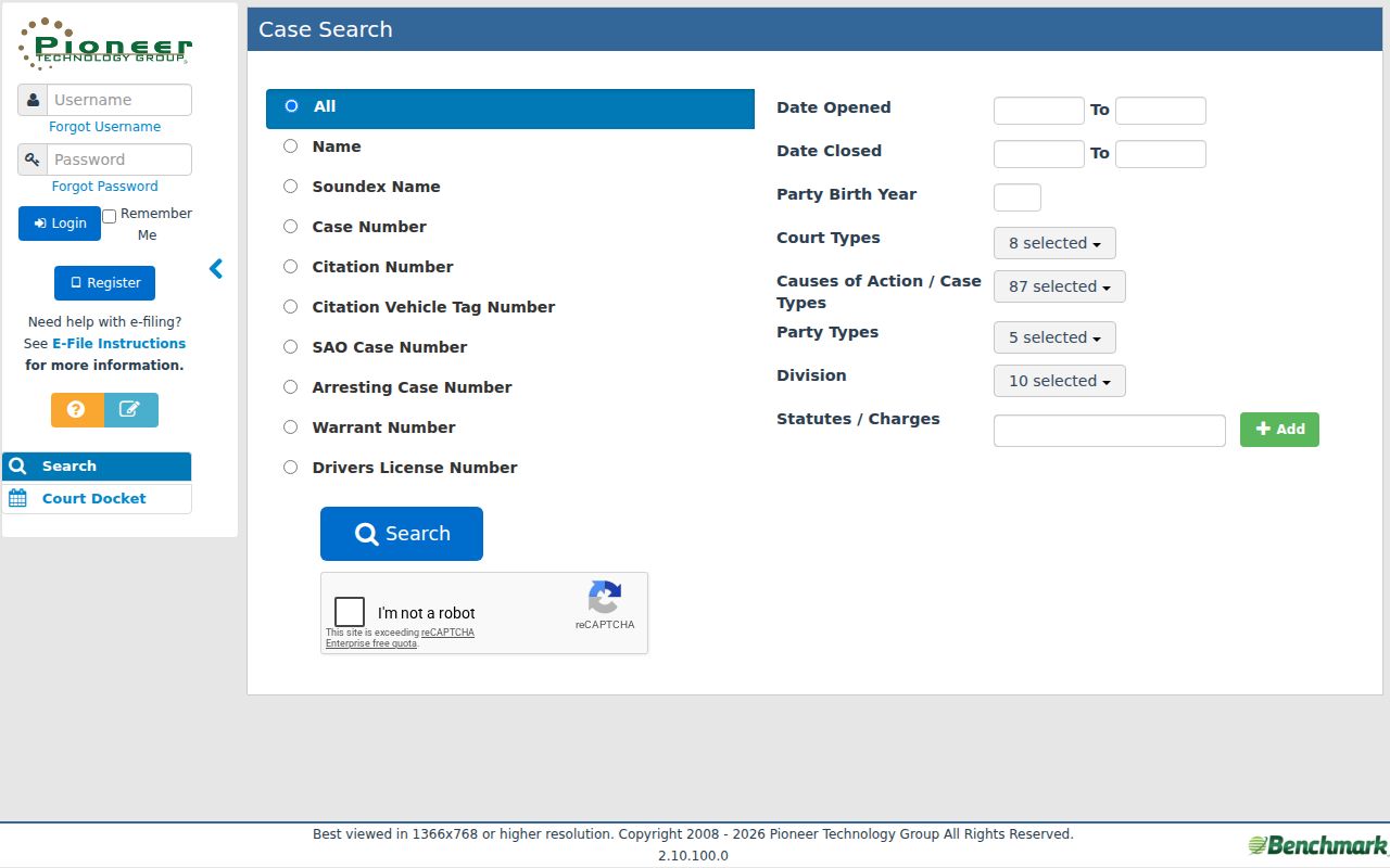 Houston County Benchmark public criminal case search screen